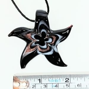 Murano Lampwork Starfish On Black Cord. Black and White with Gold Glitter.
